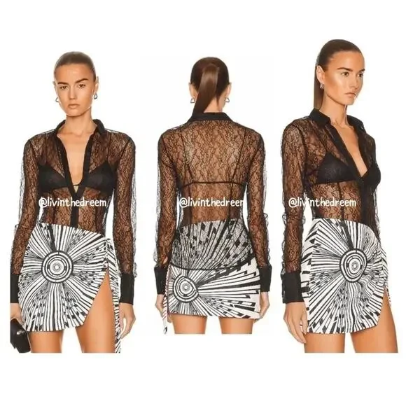 LAQUAN SMITH Lace Button Down Shirt SZ L $495 - Picture 2 of 16